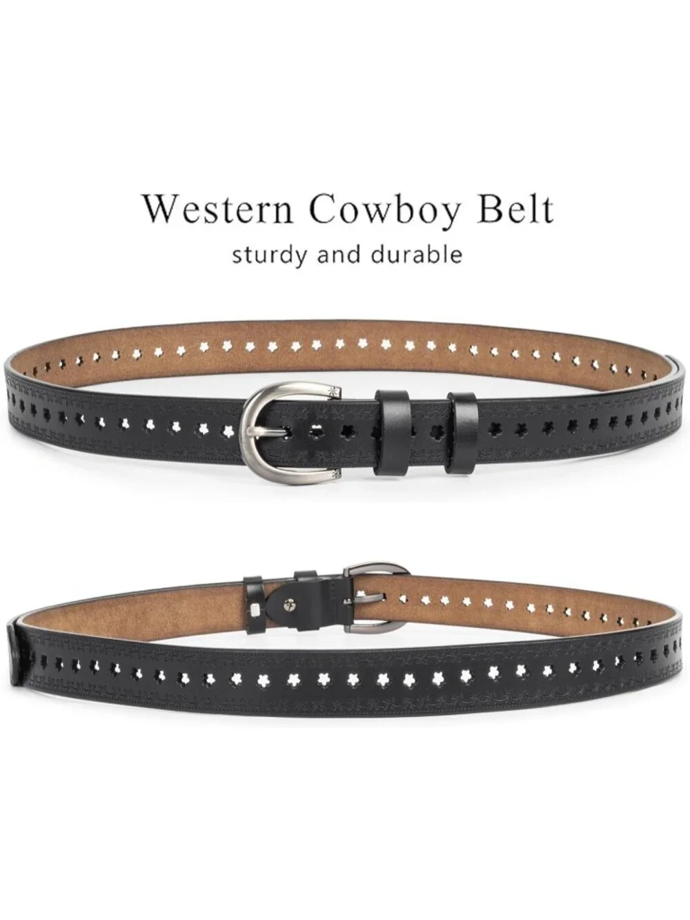 Women's Black-hollow Flowers Leather Belt Vintage Engraved Embossed Western